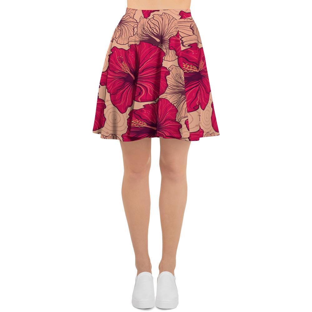 Red Hibiscus Flower Print Women's Skirt-grizzshop
