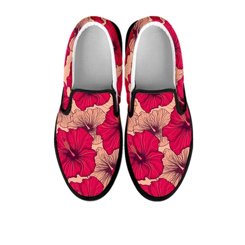 Red Hibiscus Flower Print Women's Slip On Sneakers-grizzshop