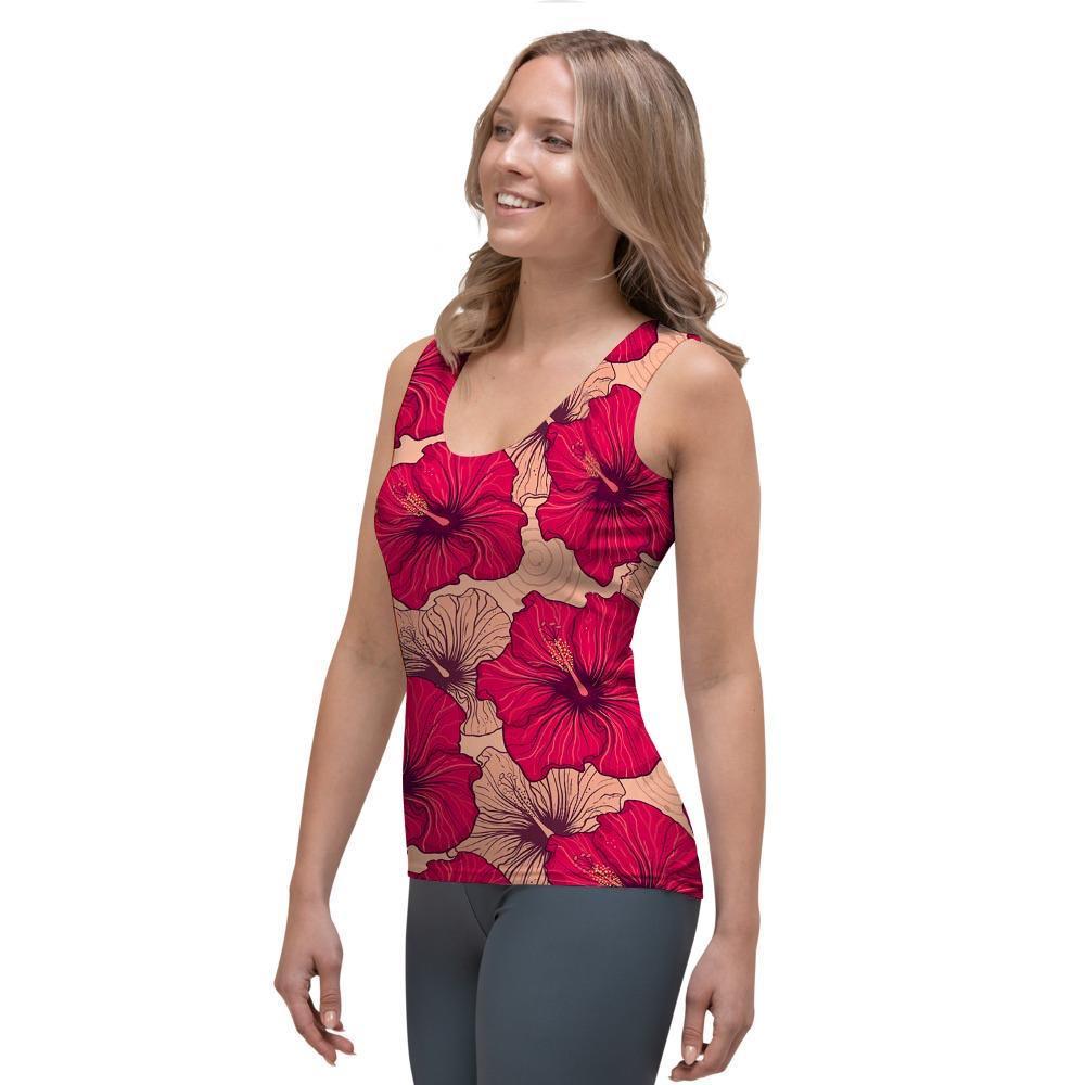 Red Hibiscus Flower Print Women's Tank Top-grizzshop