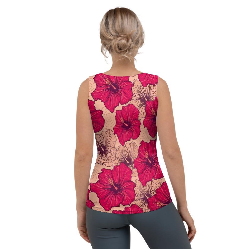 Red Hibiscus Flower Print Women's Tank Top-grizzshop