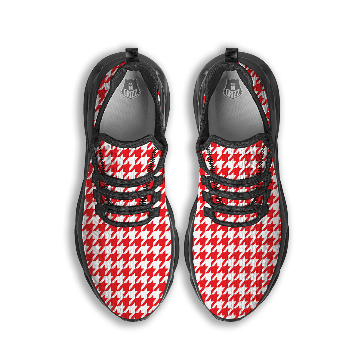 Red Houndstooth Print Black Running Shoes-grizzshop