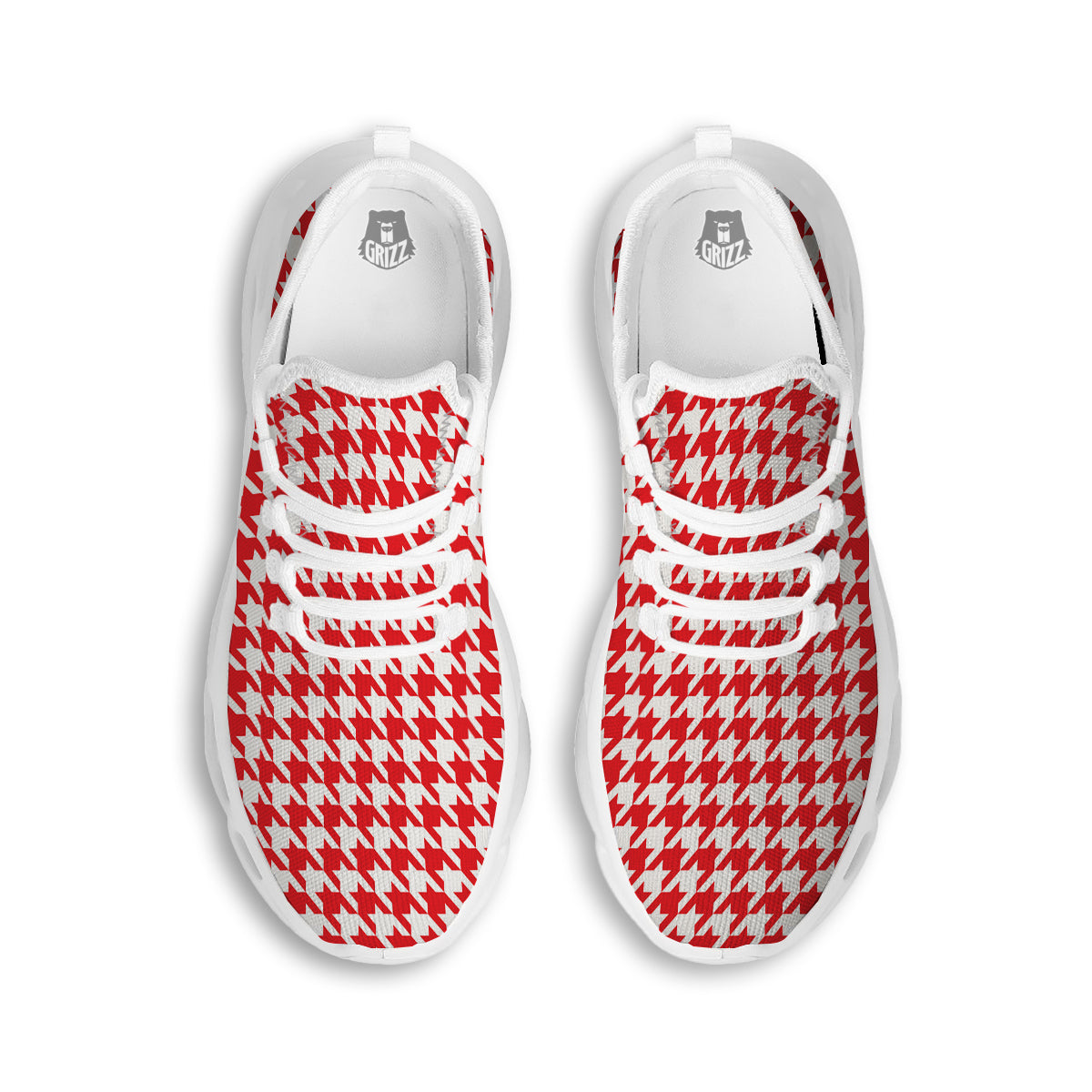 Red Houndstooth Print White Running Shoes-grizzshop