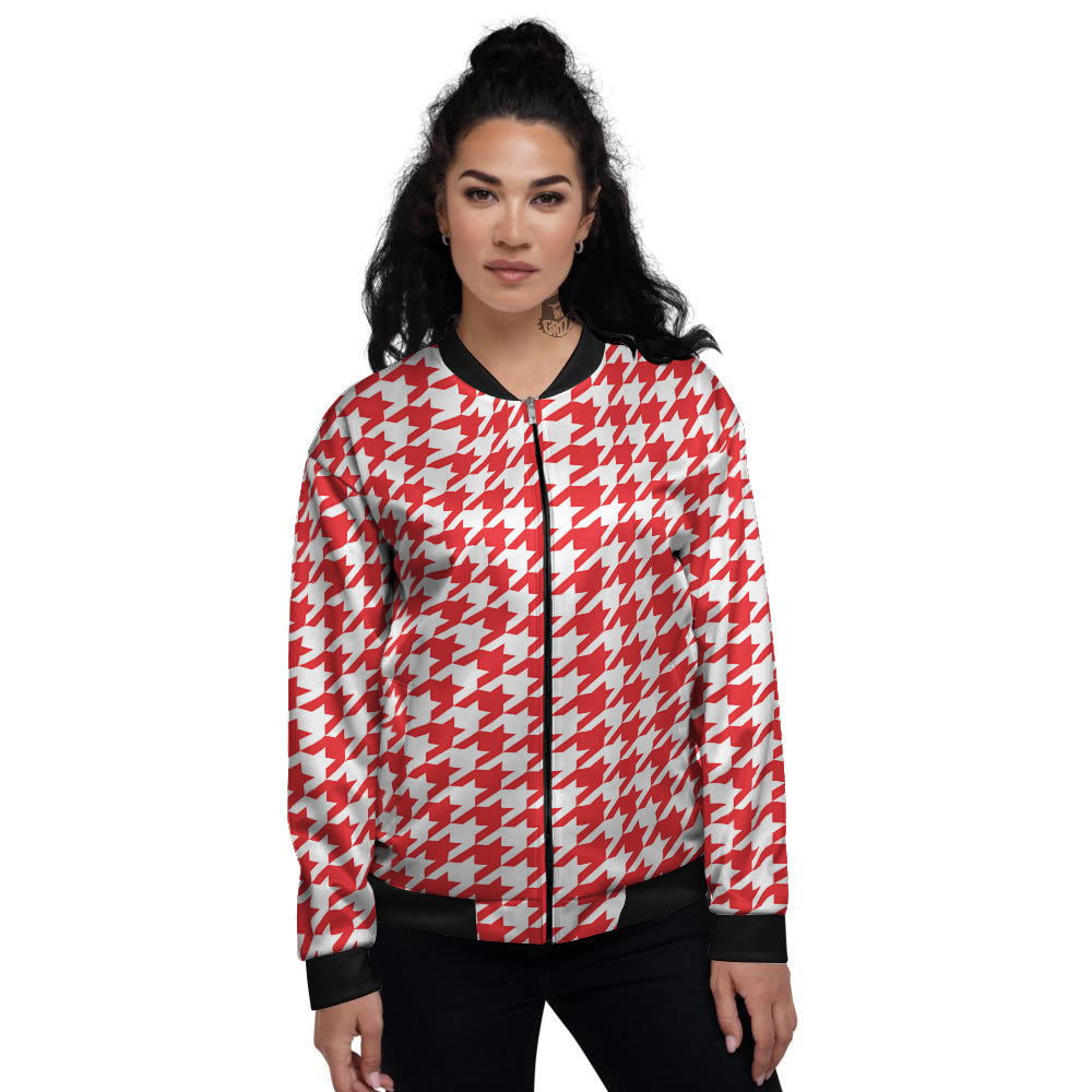 Red Houndstooth Print Women's Bomber Jacket-grizzshop