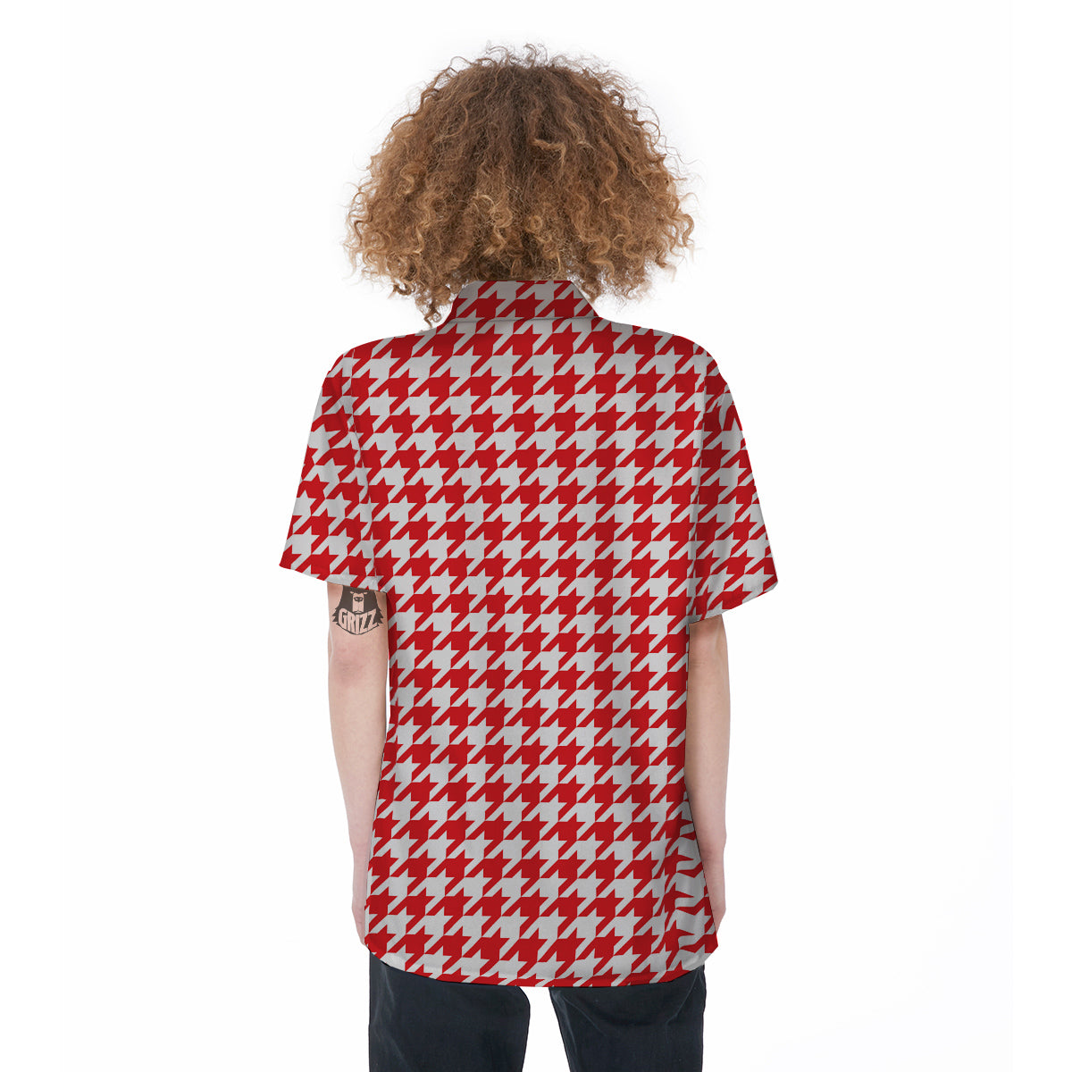 Red Houndstooth Print Women's Short Sleeve Shirts-grizzshop