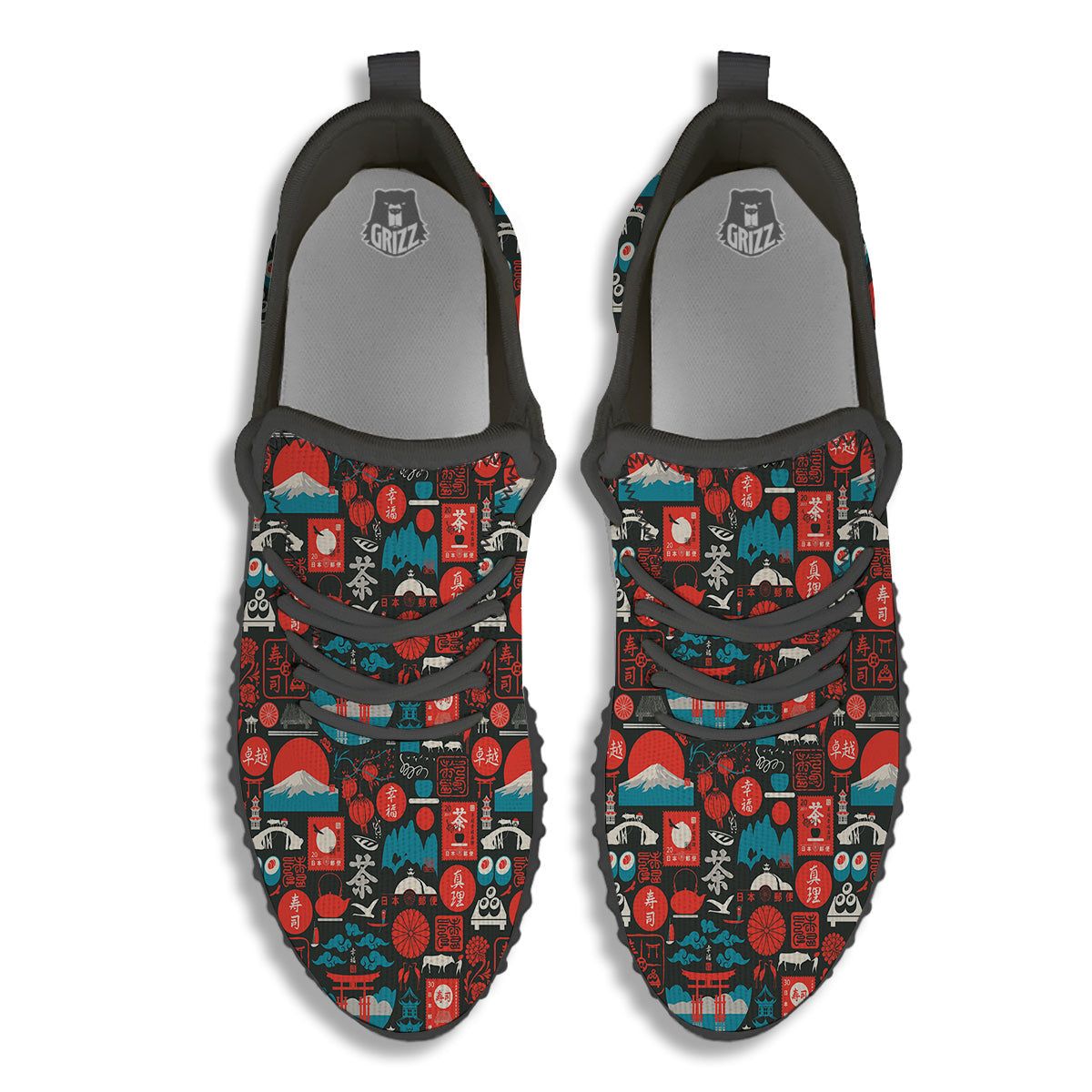 Red Japanese Characters Print Pattern Black Walking Shoes-grizzshop