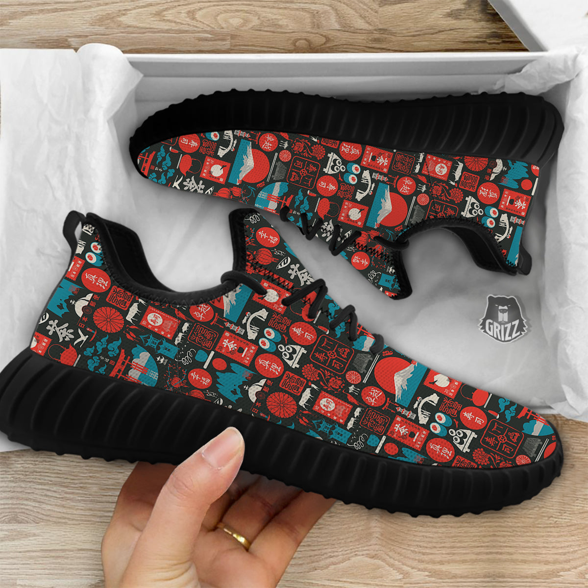 Red Japanese Characters Print Pattern Black Walking Shoes-grizzshop
