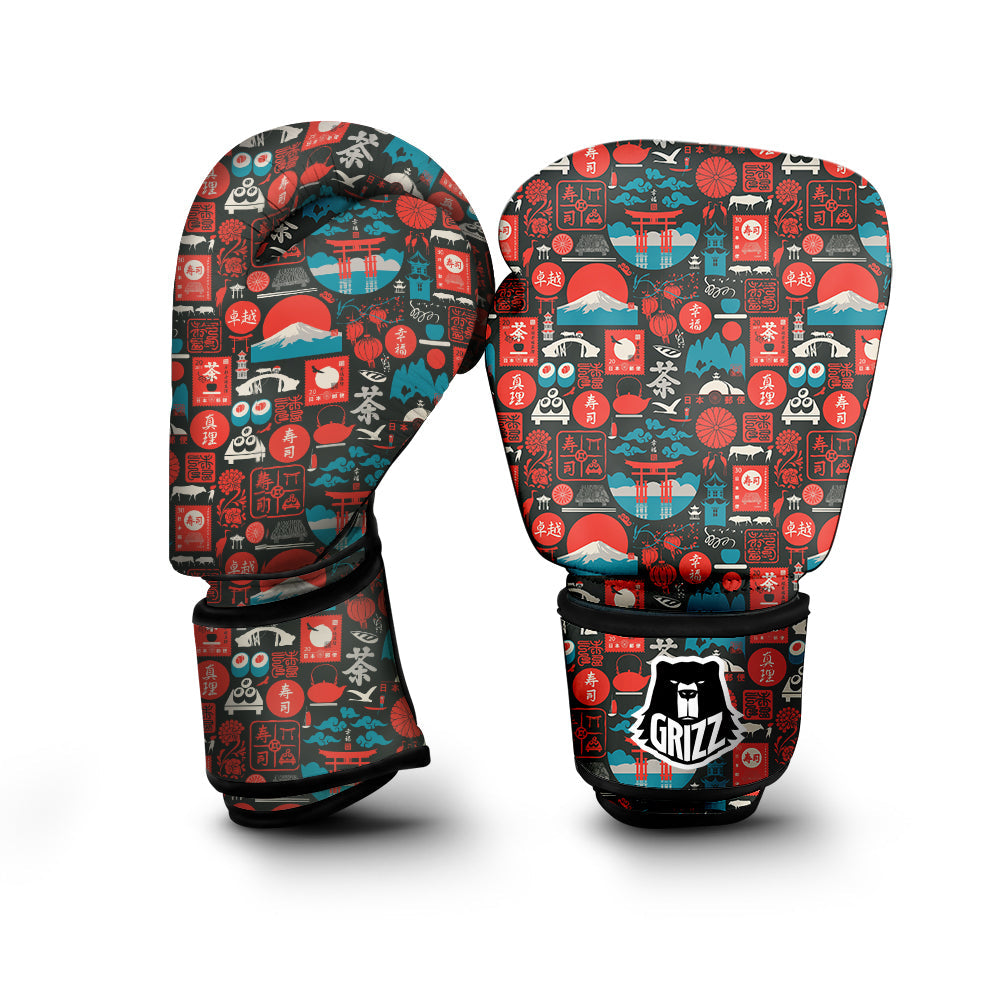 Red Japanese Characters Print Pattern Boxing Gloves-grizzshop