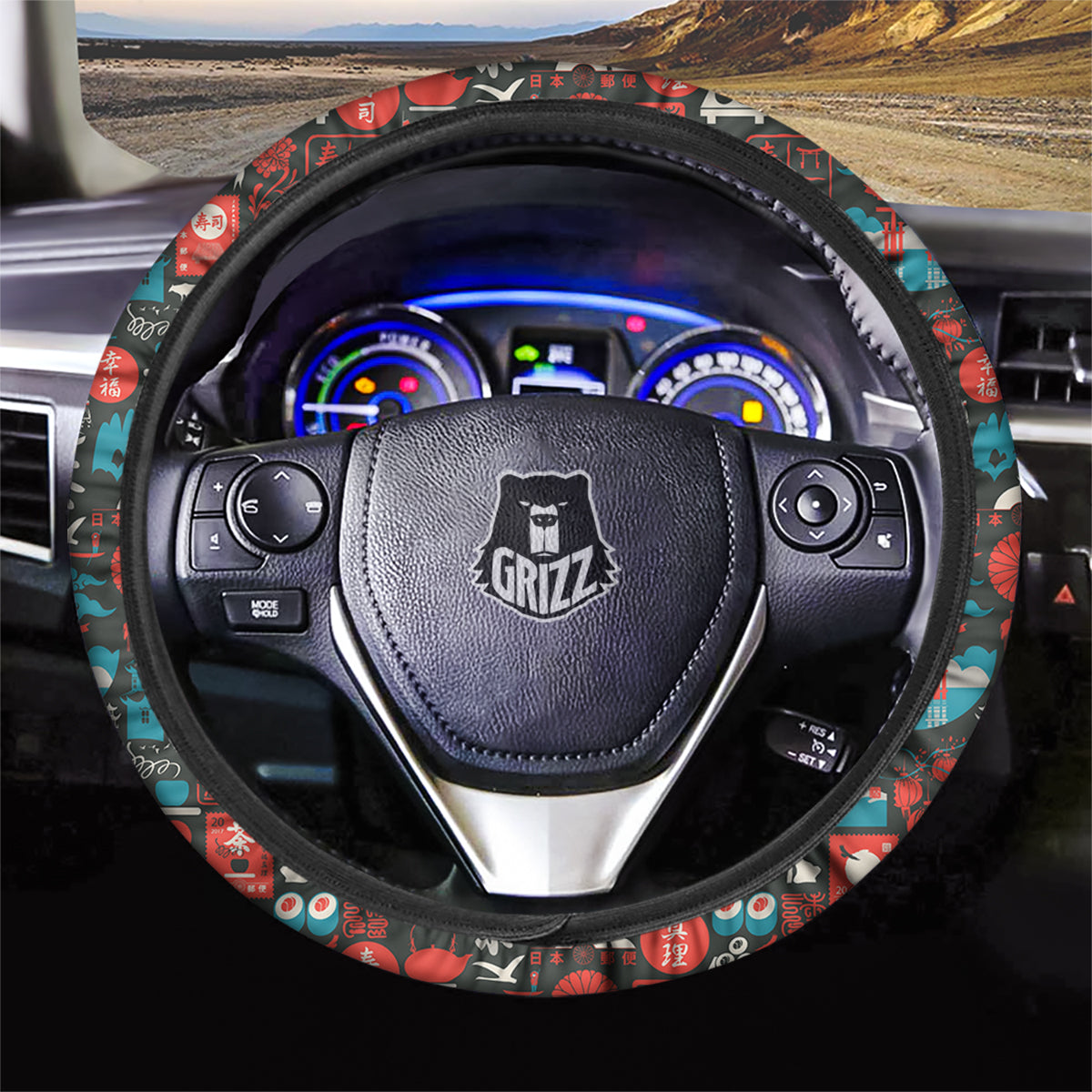 Red Japanese Characters Print Pattern Car Steering Wheel Cover-grizzshop