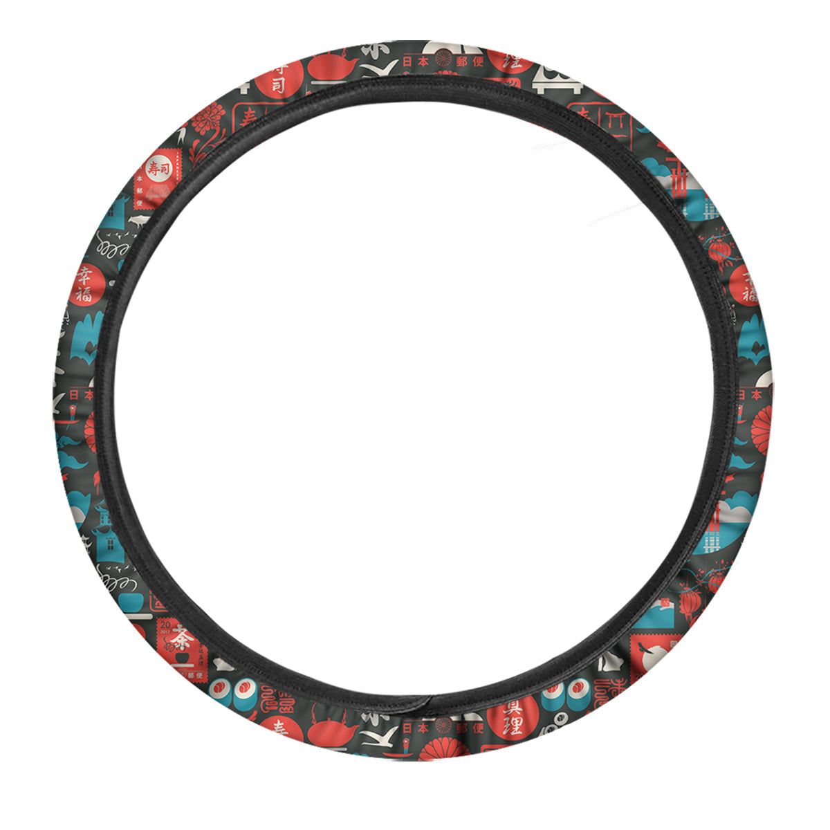 Red Japanese Characters Print Pattern Car Steering Wheel Cover-grizzshop