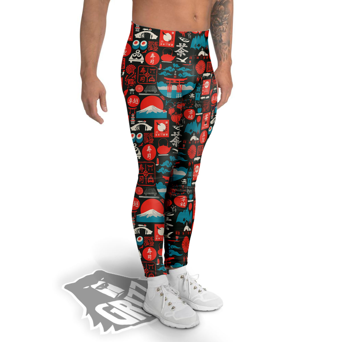 Red Japanese Characters Print Pattern Men's Leggings-grizzshop