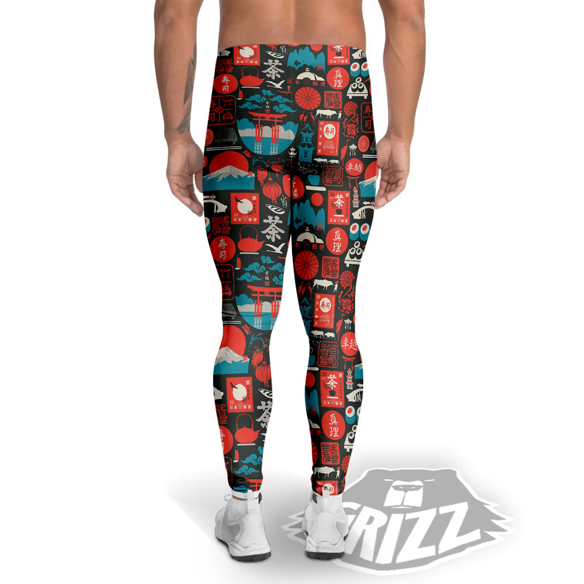 Red Japanese Characters Print Pattern Men's Leggings-grizzshop