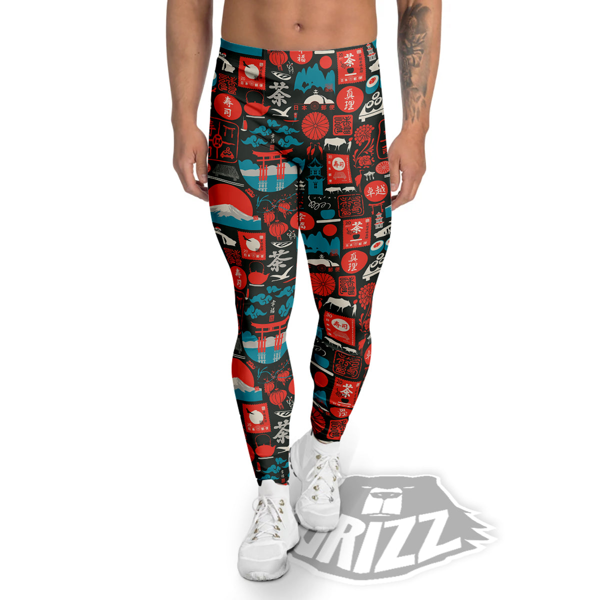 Red Japanese Characters Print Pattern Men's Leggings-grizzshop