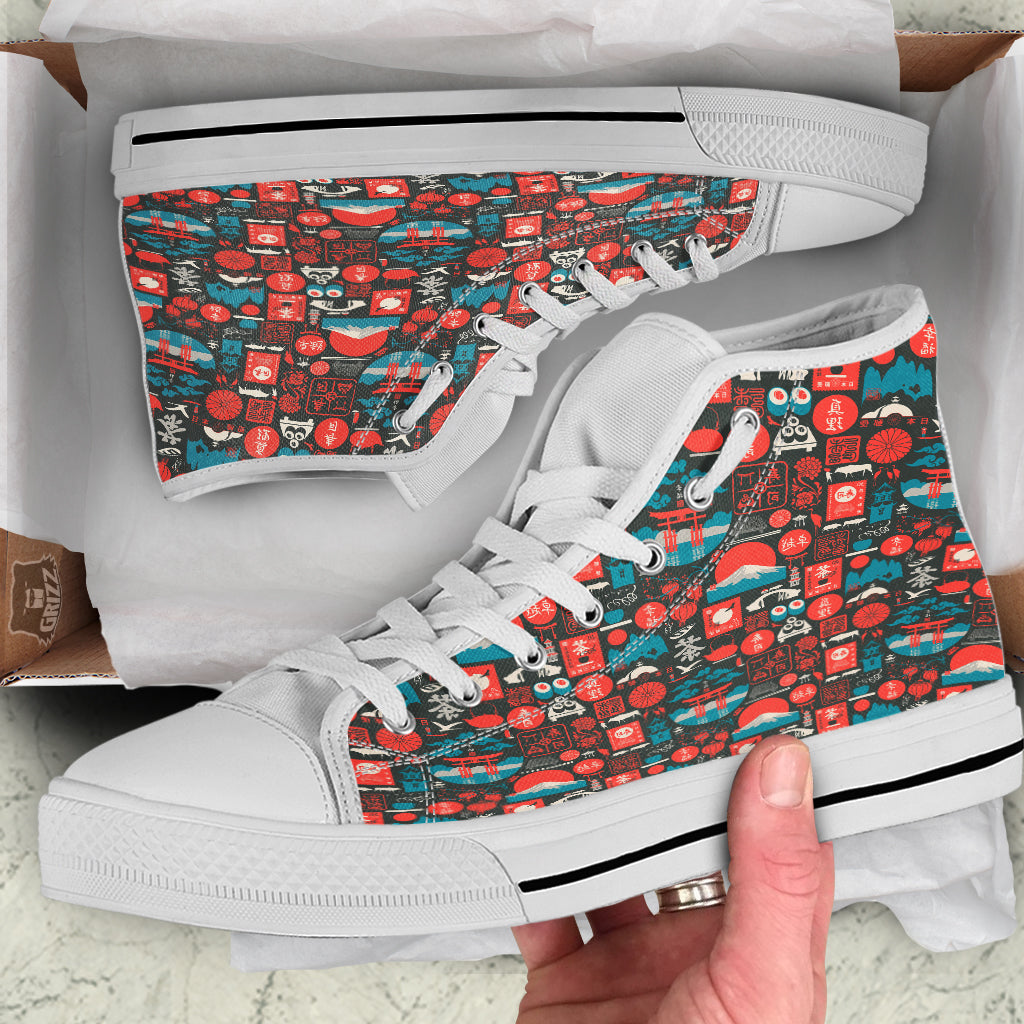 Red Japanese Characters Print Pattern White High Top Shoes-grizzshop