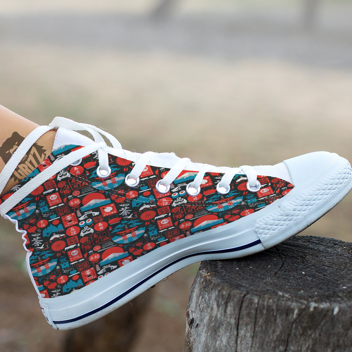 Red Japanese Characters Print Pattern White High Top Shoes-grizzshop