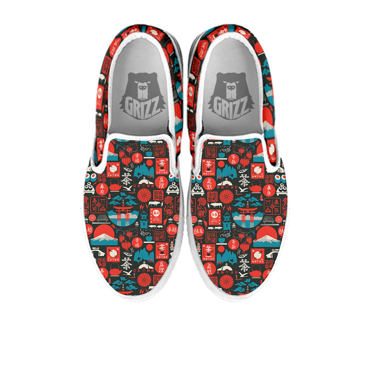 Red Japanese Characters Print Pattern White Slip On Shoes-grizzshop