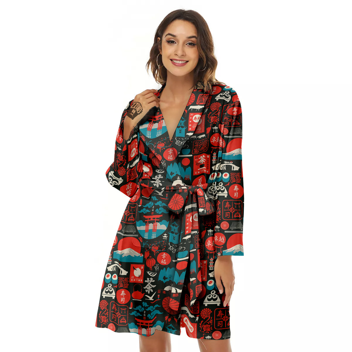 Red Japanese Characters Print Pattern Women's Robe-grizzshop