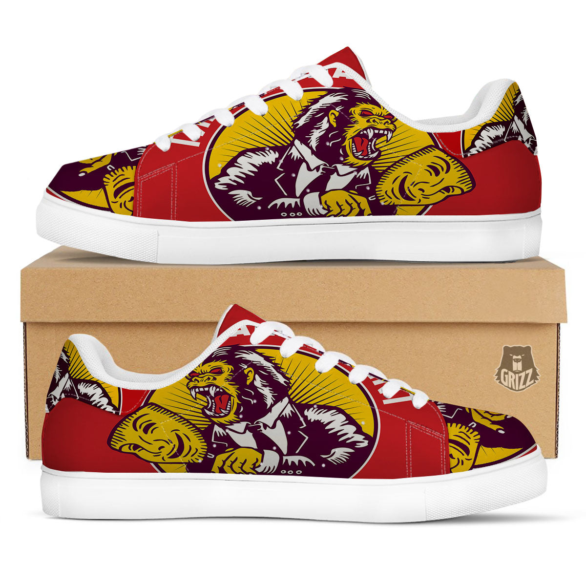Red King Kong Gorilla Print White Low Top Sneakers-grizzshop