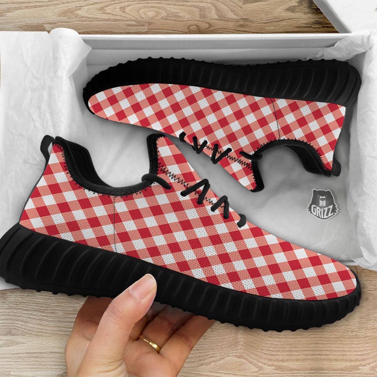 Red Lava And White Gingham Print Black Walking Shoes-grizzshop