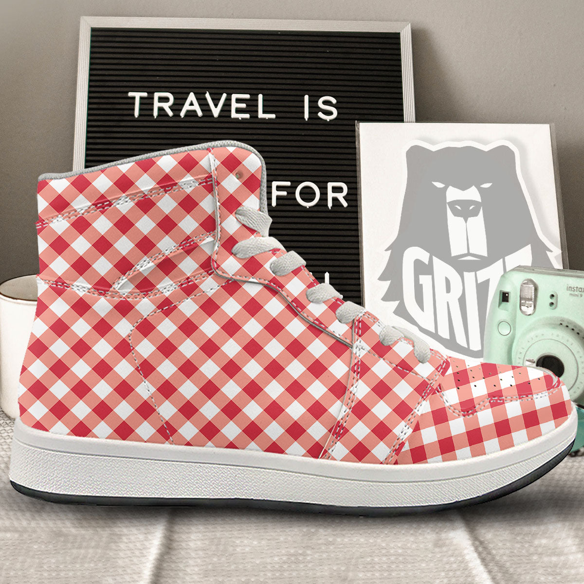 Red Lava And White Gingham Print High Top Sneakers-grizzshop