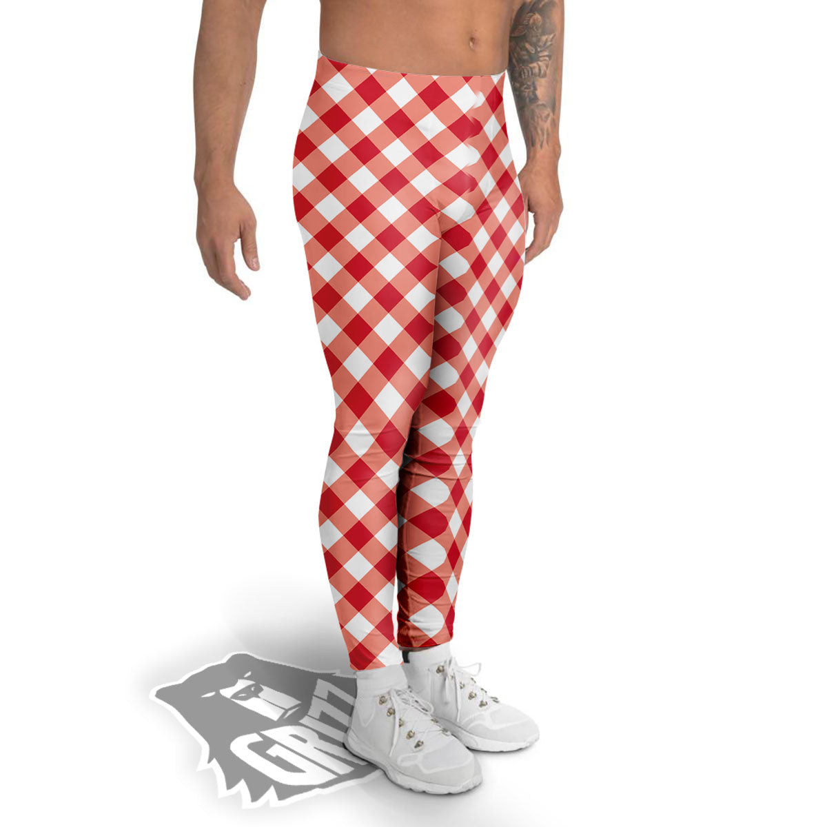 Red Lava And White Gingham Print Men's Leggings-grizzshop