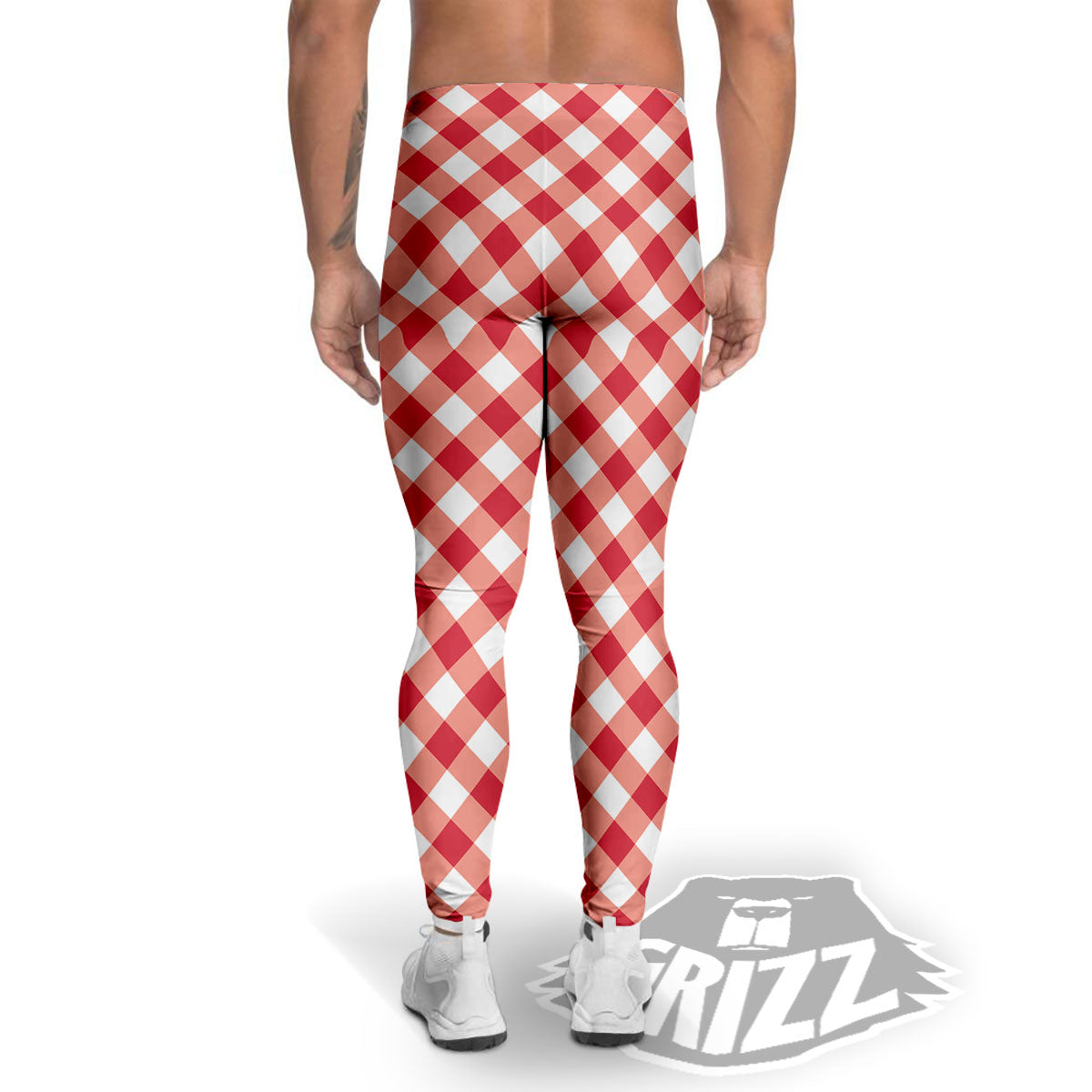 Red Lava And White Gingham Print Men's Leggings-grizzshop