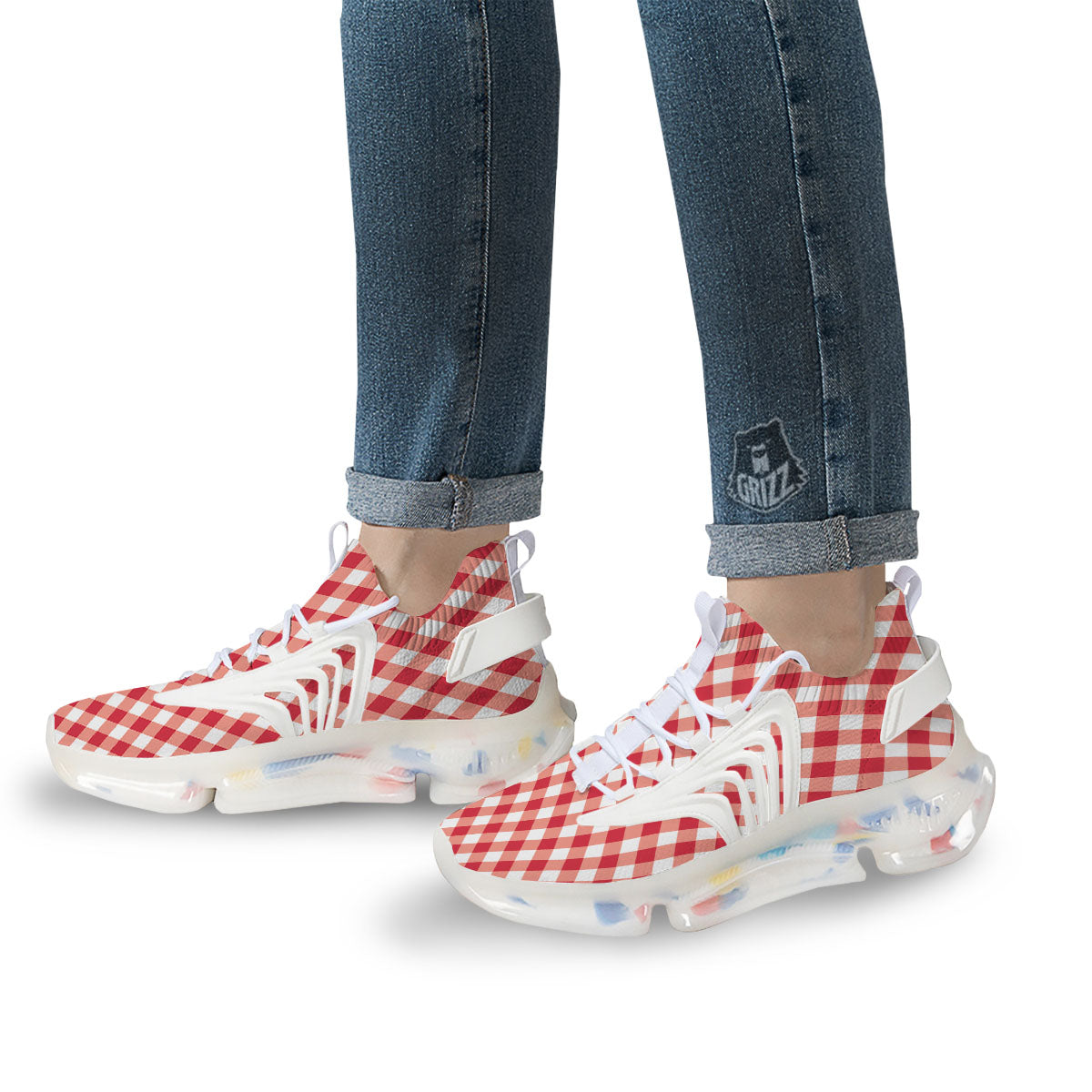 Red Lava And White Gingham Print White Gym Shoes-grizzshop