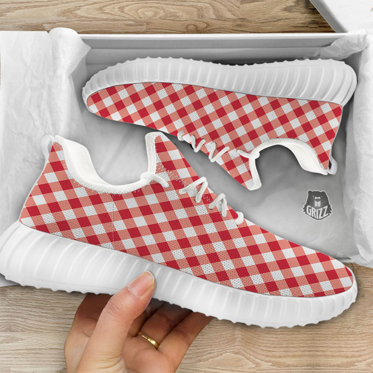 Red Lava And White Gingham Print White Walking Shoes-grizzshop