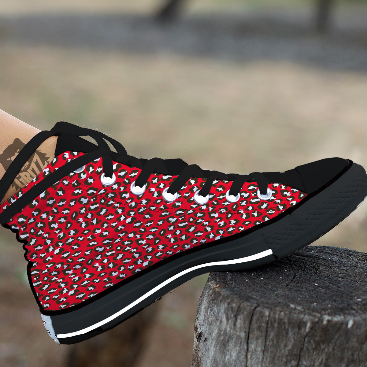 Red Leopard Print Pattern Black High Top Shoes-grizzshop