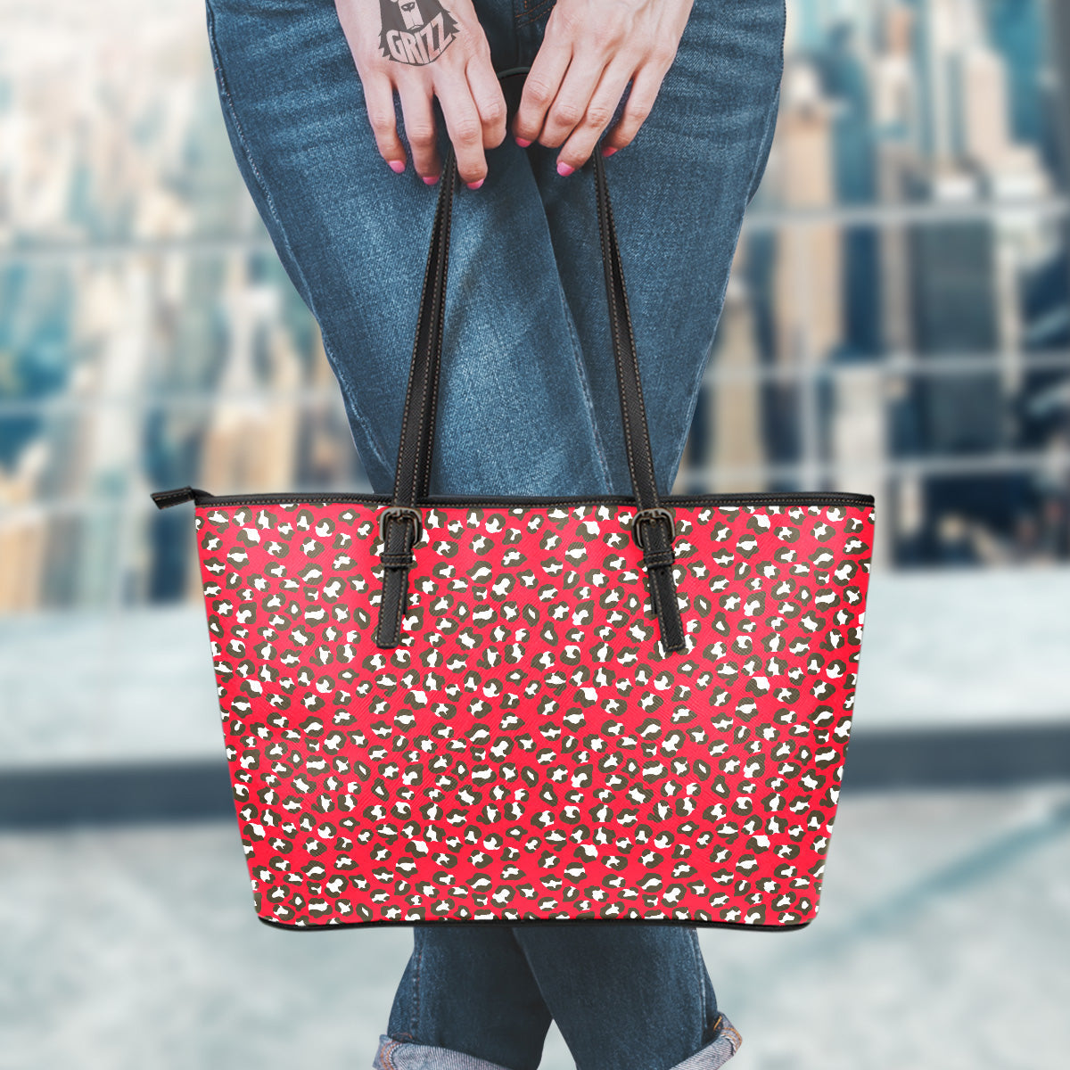 Red Leopard Print Pattern Leather Tote Bag-grizzshop