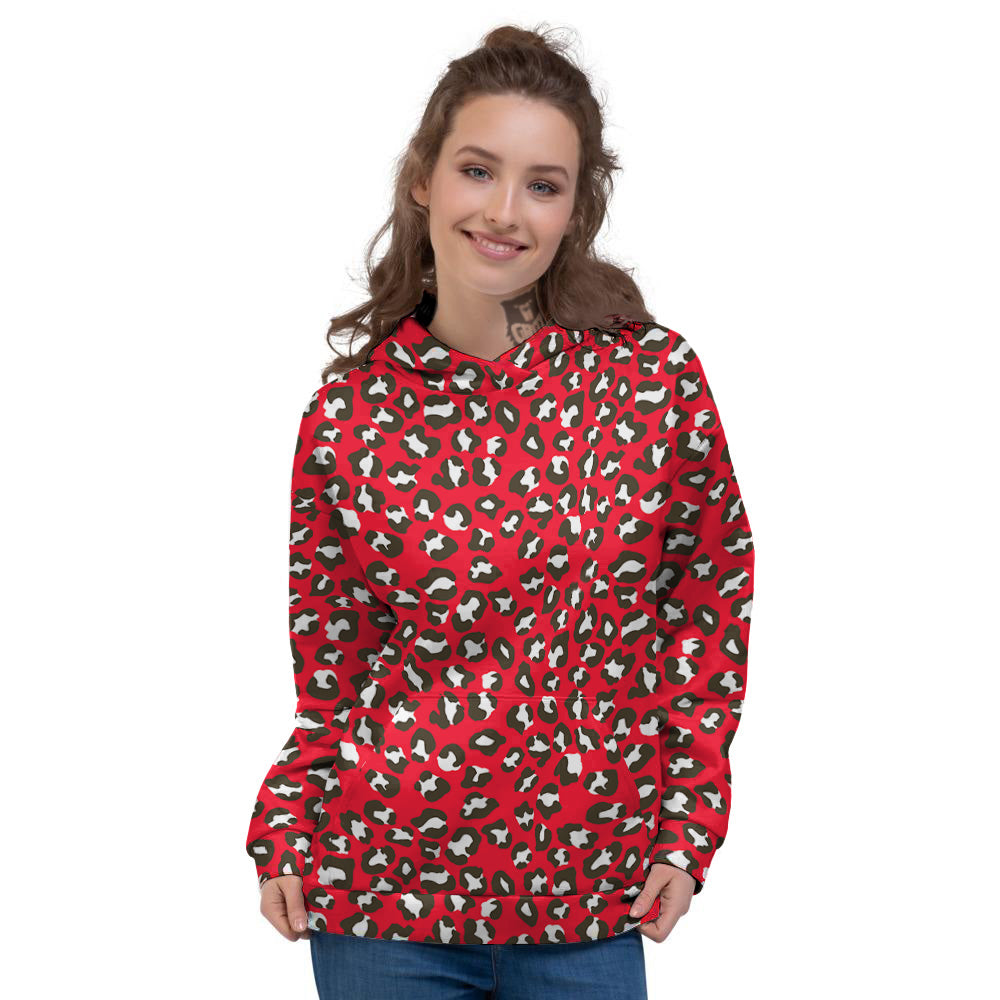 Red Leopard Print Pattern Women's Hoodie-grizzshop