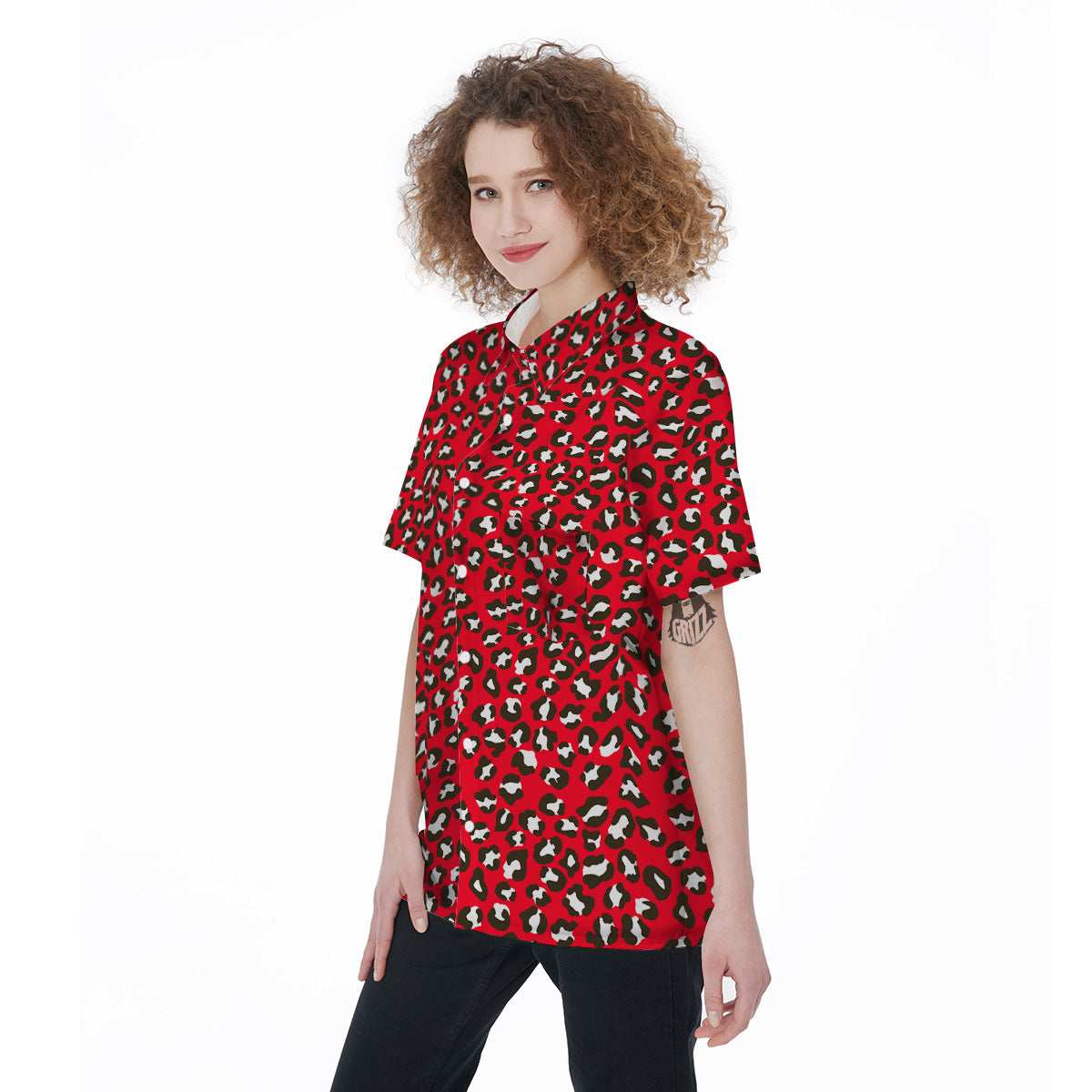 Red Leopard Print Pattern Women's Short Sleeve Shirts-grizzshop