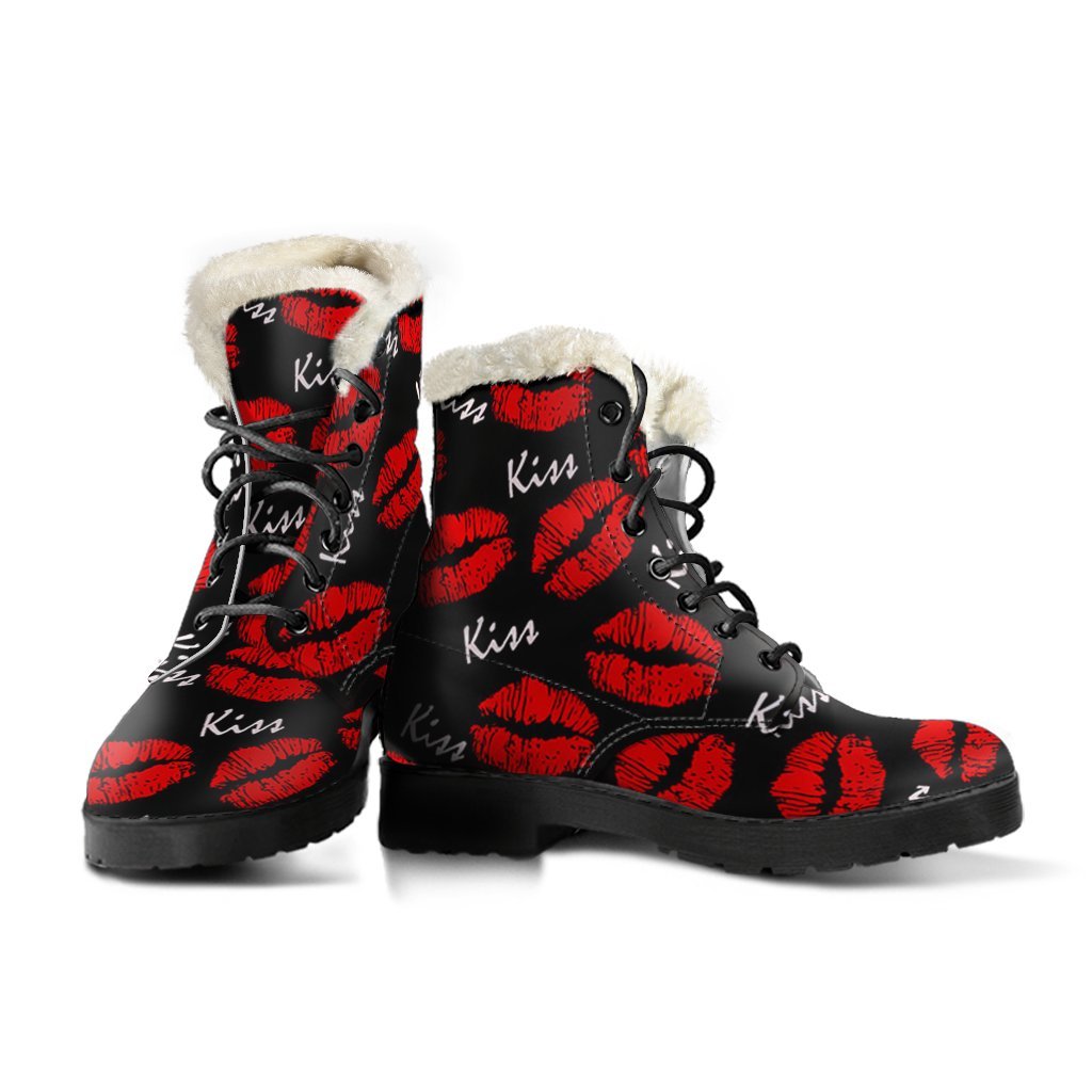 Red Lips Kiss Pattern Print Comfy Winter Boots-grizzshop