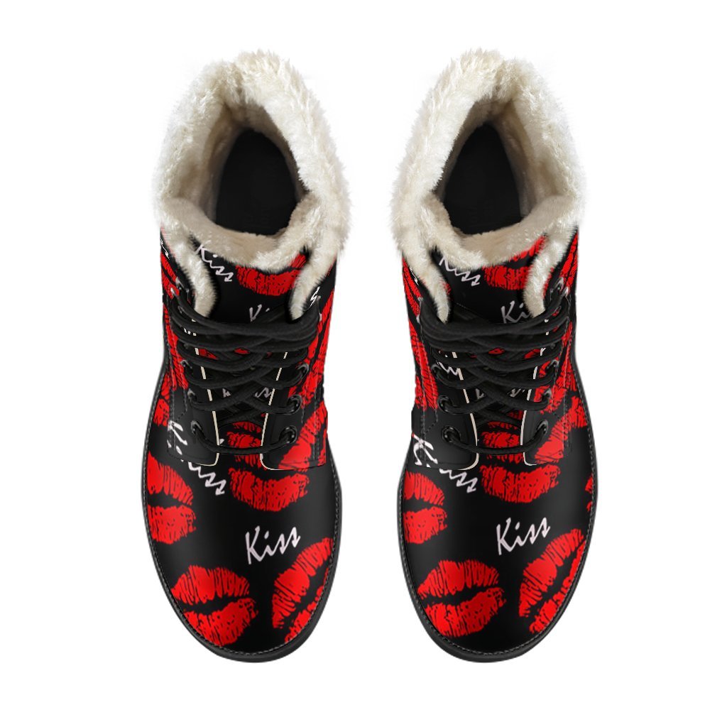 Red Lips Kiss Pattern Print Comfy Winter Boots-grizzshop