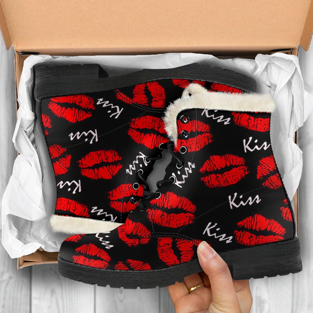 Red Lips Kiss Pattern Print Comfy Winter Boots-grizzshop