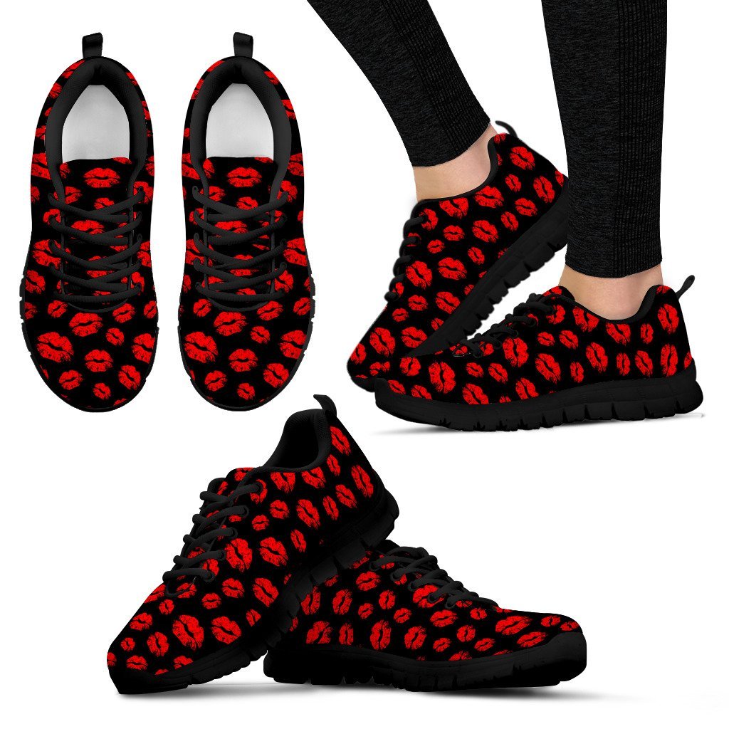 Red Lips Kiss Print Pattern Black Sneaker Shoes For Men Women-grizzshop