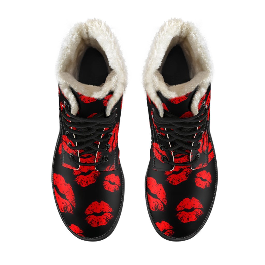 Red Lips Kiss Print Pattern Comfy Winter Boots-grizzshop
