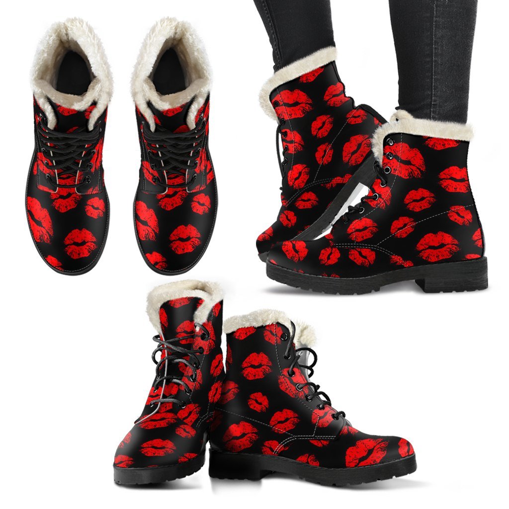 Red Lips Kiss Print Pattern Comfy Winter Boots-grizzshop