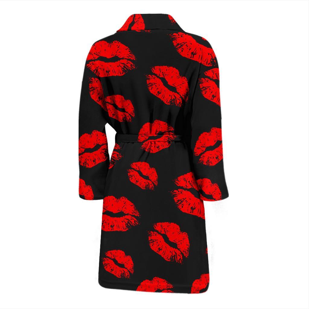 Red Lips Kiss Print Pattern Men Long Robe-grizzshop