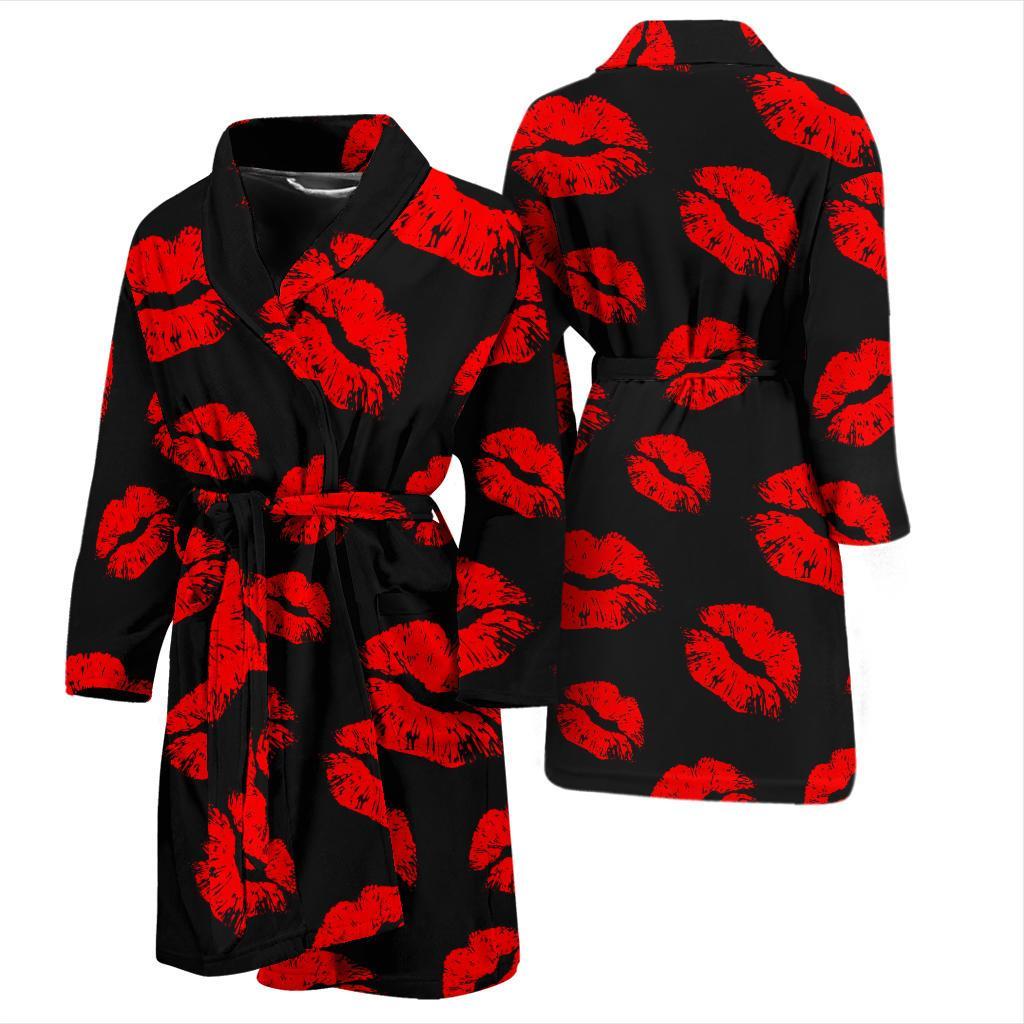 Red Lips Kiss Print Pattern Men Long Robe-grizzshop
