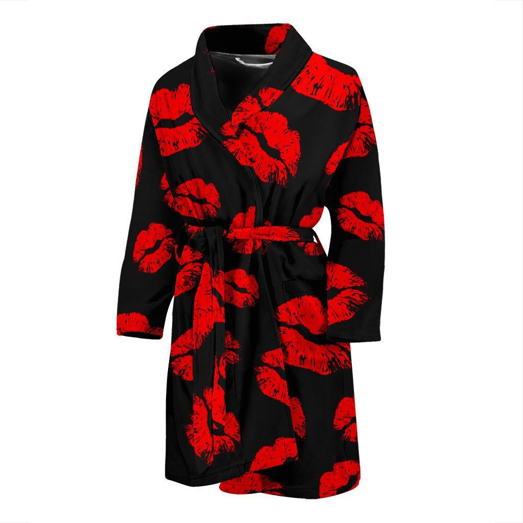 Red Lips Kiss Print Pattern Men Long Robe-grizzshop