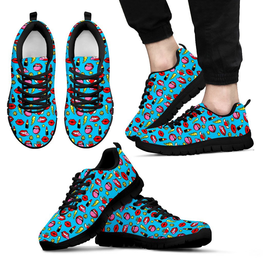 Red Lips Lipstick Pattern Print Black Sneaker Shoes For Men Women-grizzshop