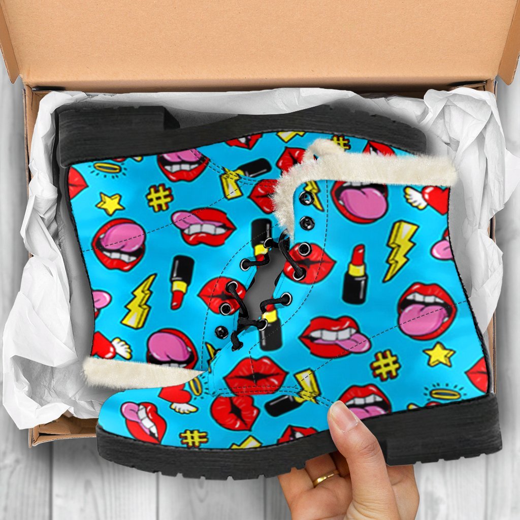 Red Lips Lipstick Pattern Print Comfy Winter Boots-grizzshop