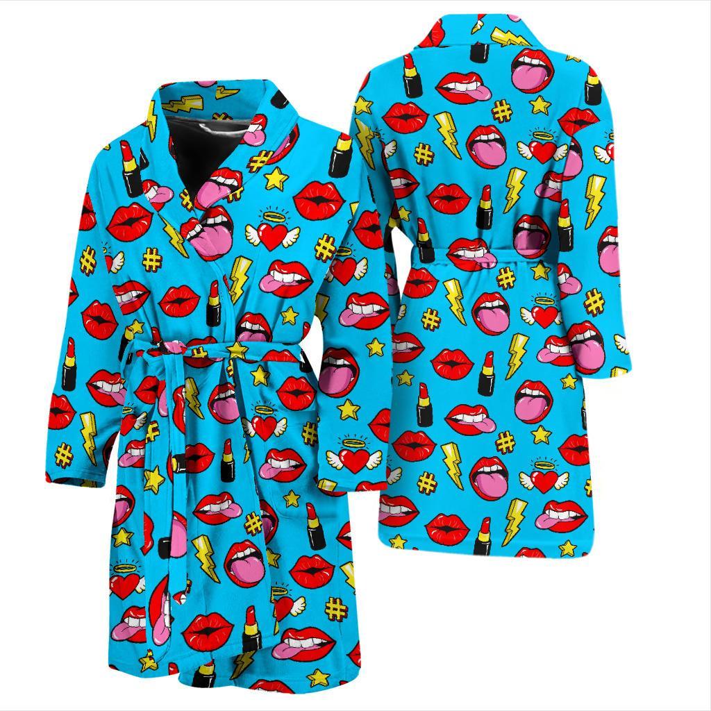 Red Lips Lipstick Pattern Print Men Long Robe-grizzshop