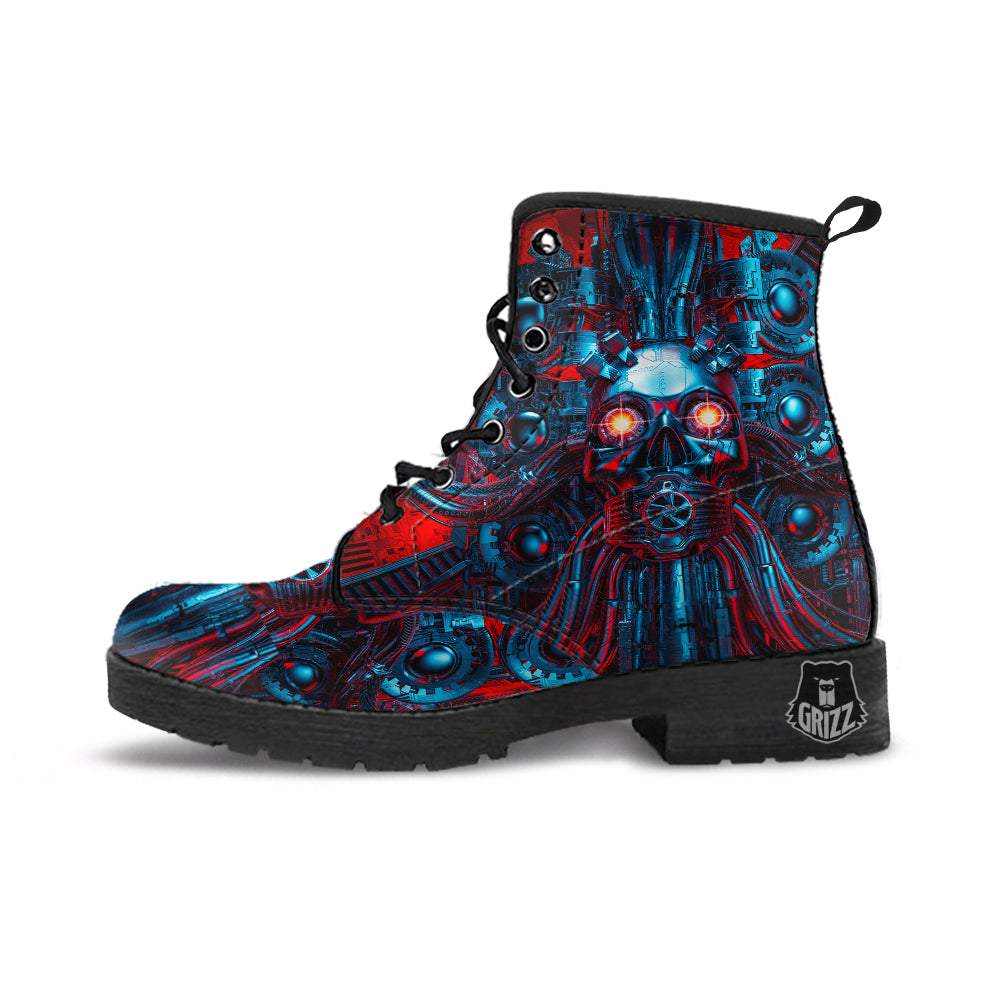 Red Machine Robot Print Leather Boots-grizzshop