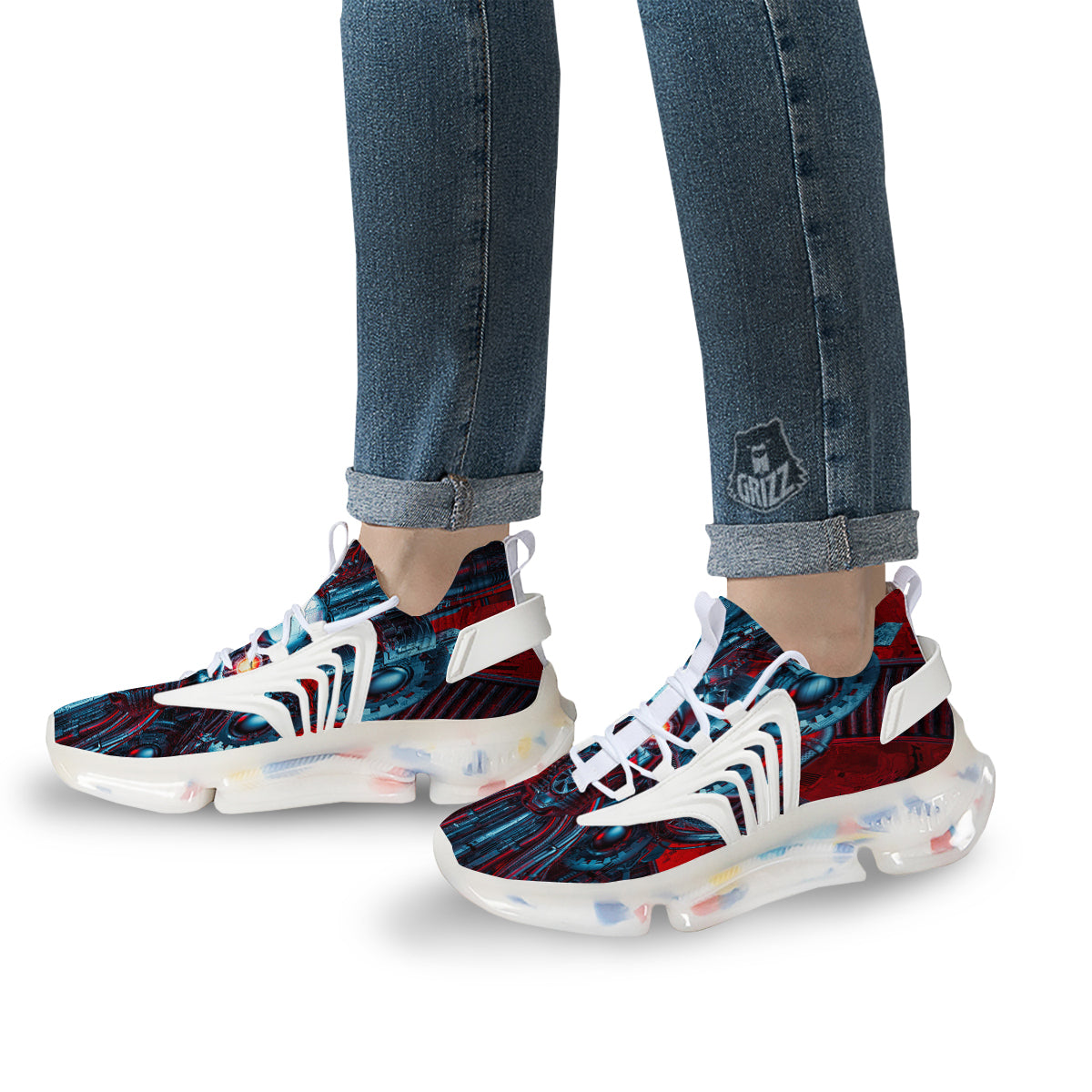 Red Machine Robot Print White Gym Shoes-grizzshop