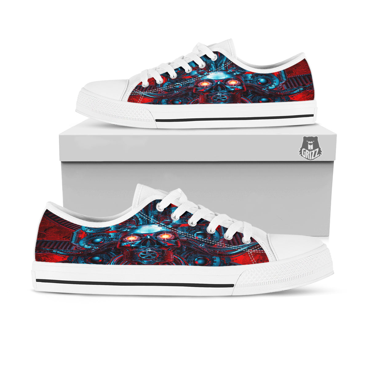 Red Machine Robot Print White Low Top Shoes-grizzshop
