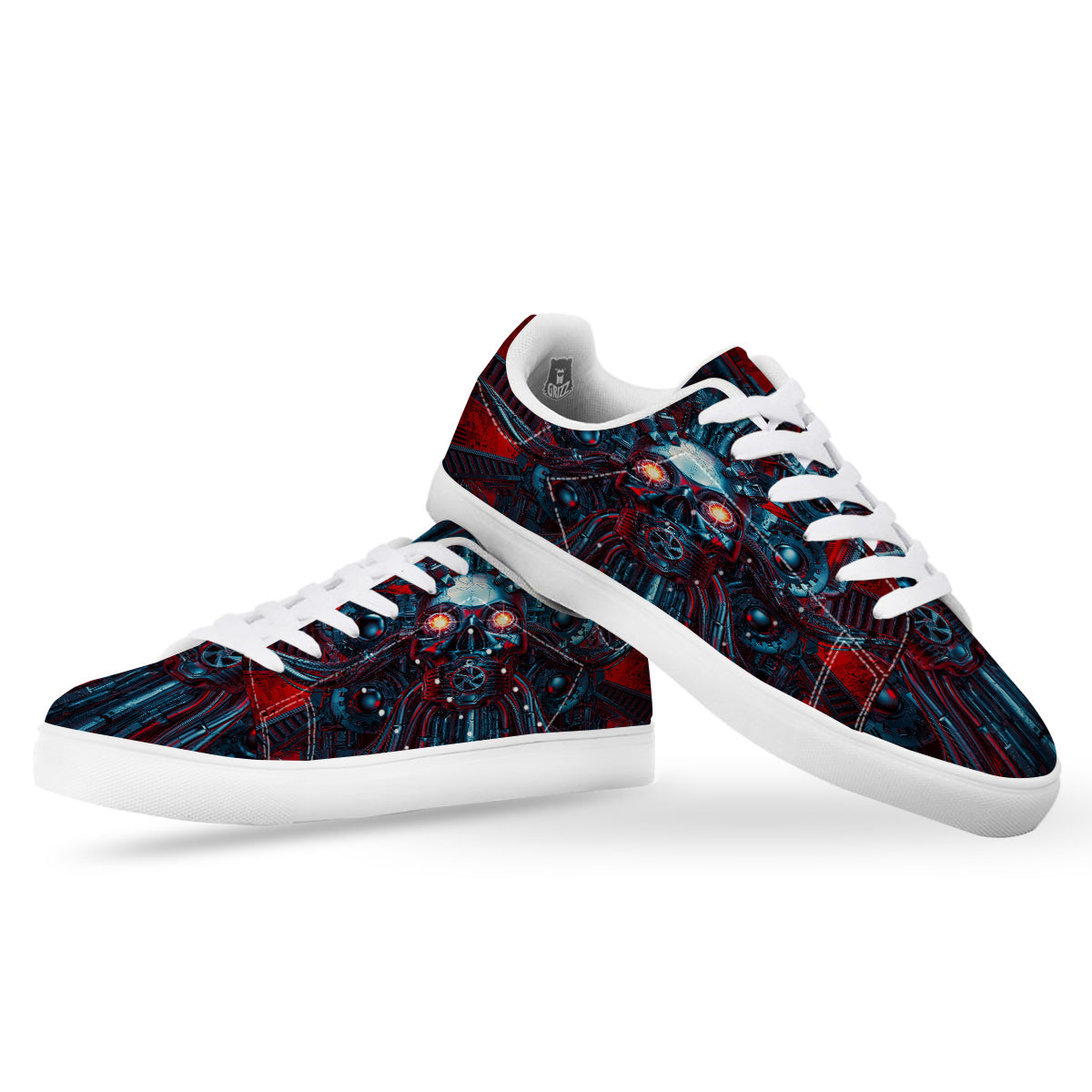 Red Machine Robot Print White Low Top Sneakers-grizzshop