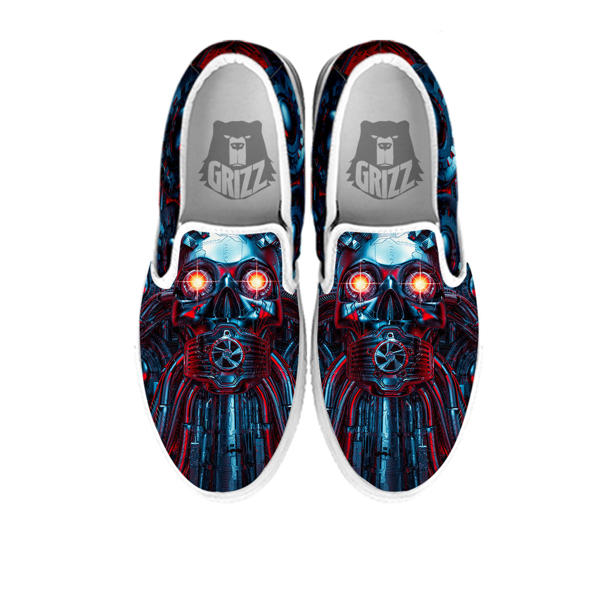 Red Machine Robot Print White Slip On Shoes-grizzshop
