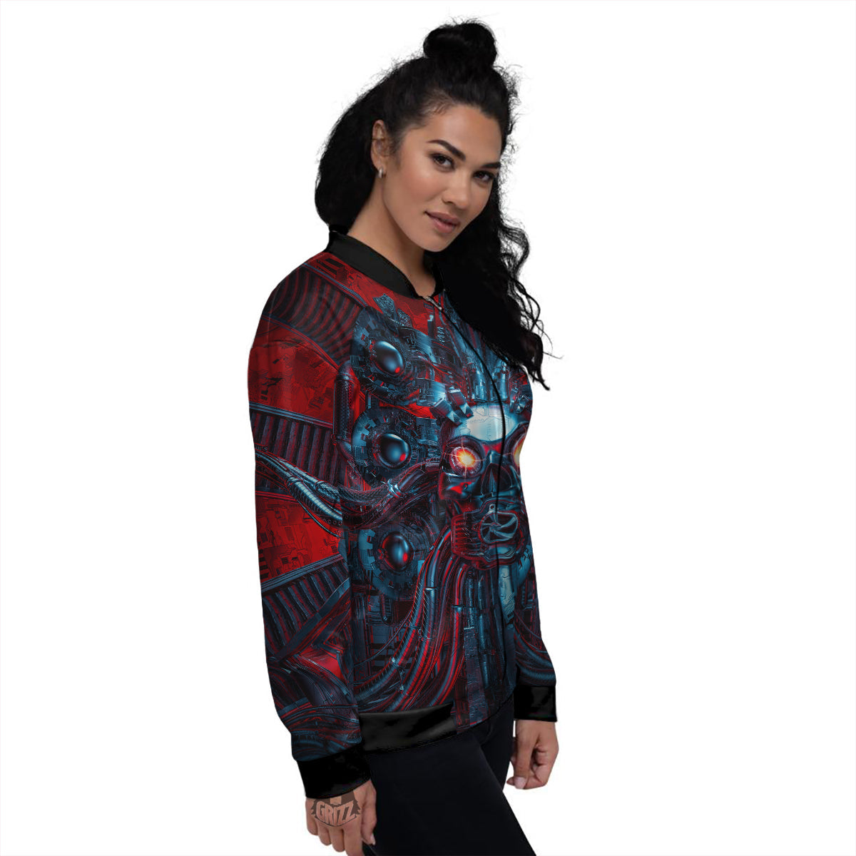 Red Machine Robot Print Women's Bomber Jacket-grizzshop