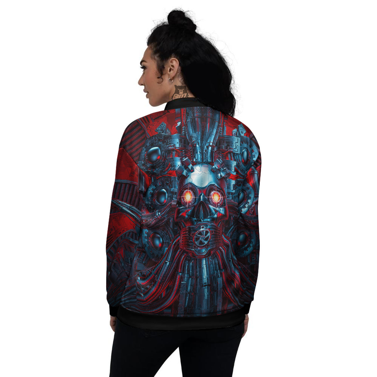 Red Machine Robot Print Women's Bomber Jacket-grizzshop